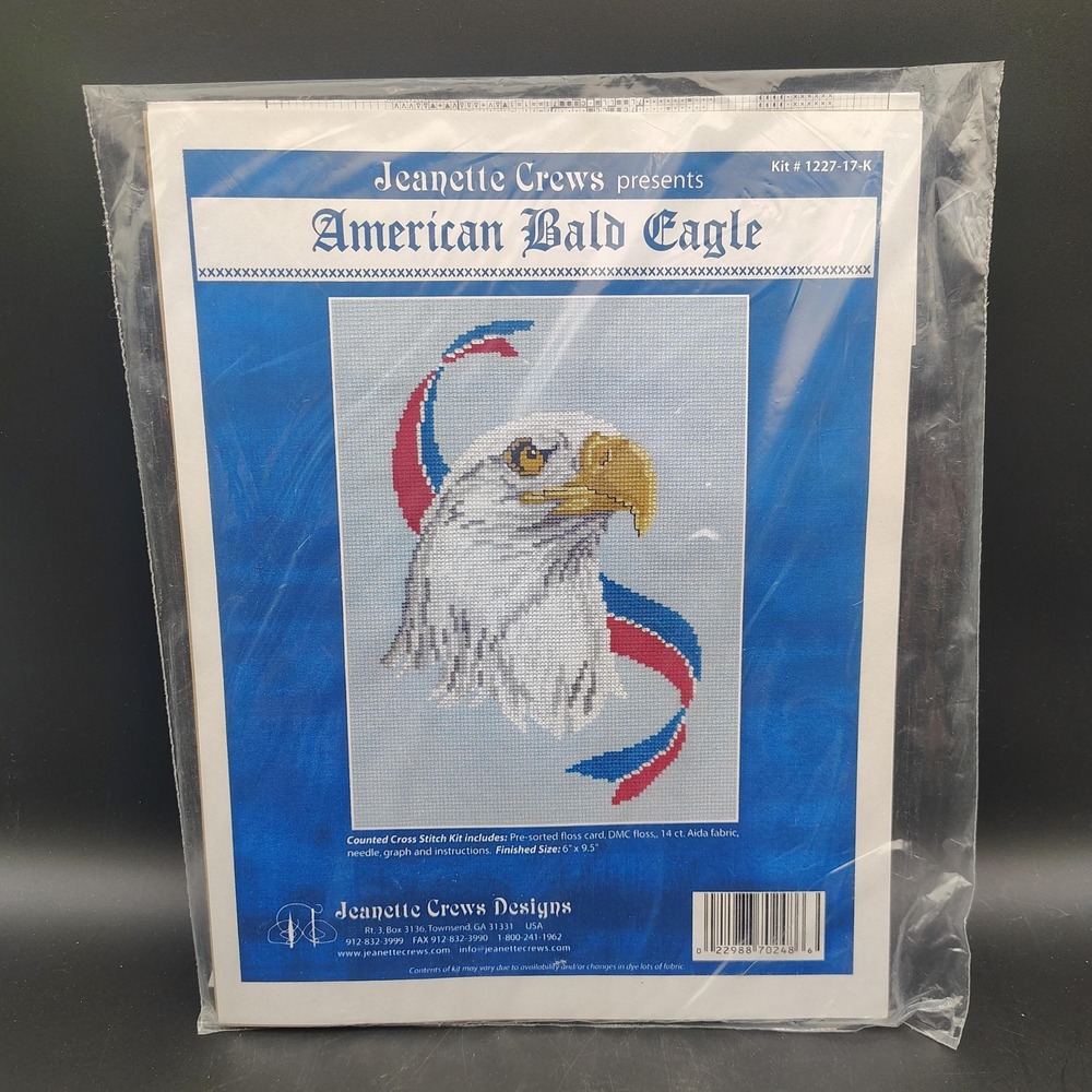 Vintage Jeanette Crews American Bald Eagle Cross Stitch Kit 6 x 9.5" Patriotic
